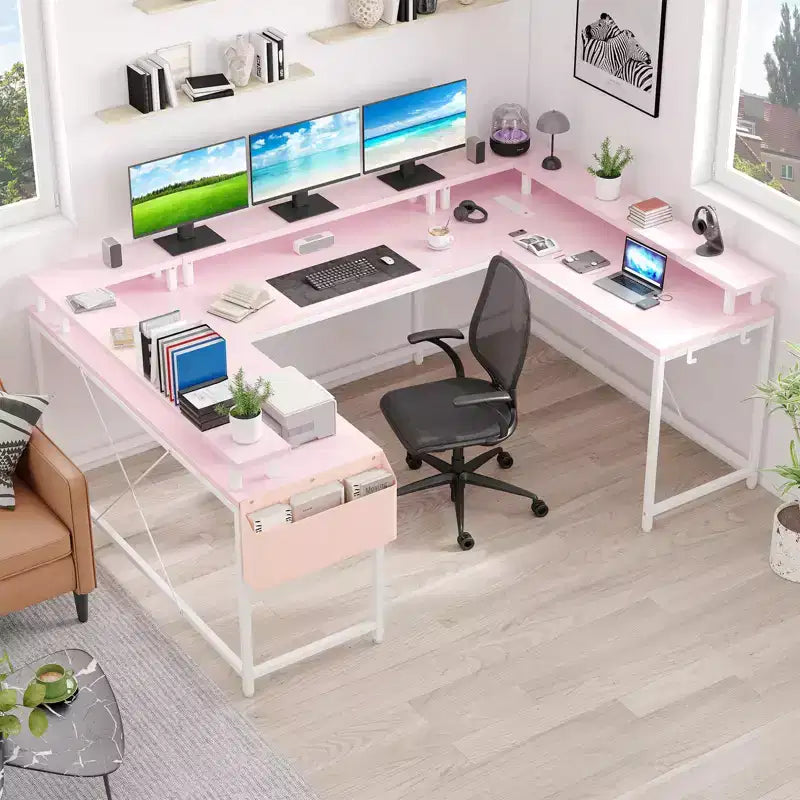 Scrivania a U, scrivania da gaming da 126 pollici con supporto per monitor e luci a LED, scrivania grande a forma reversibile con prese di corrente, scrivania da ufficio