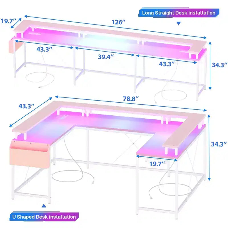 Scrivania a U, scrivania da gaming da 126 pollici con supporto per monitor e luci a LED, scrivania grande a forma reversibile con prese di corrente, scrivania da ufficio