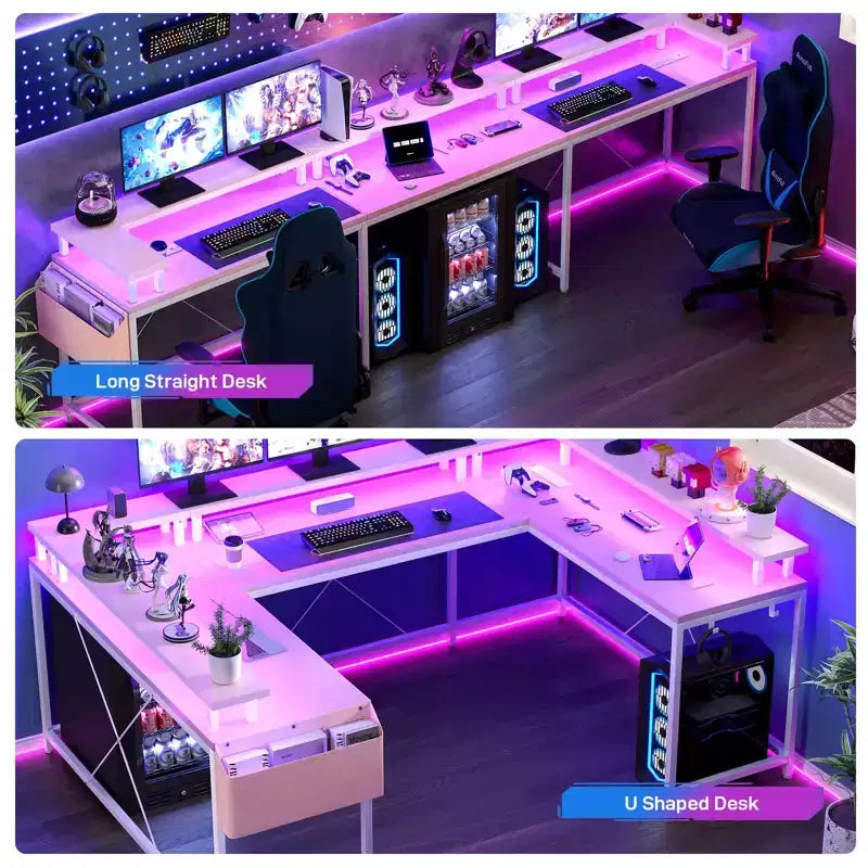 Scrivania a U, scrivania da gaming da 126 pollici con supporto per monitor e luci a LED, scrivania grande a forma reversibile con prese di corrente, scrivania da ufficio