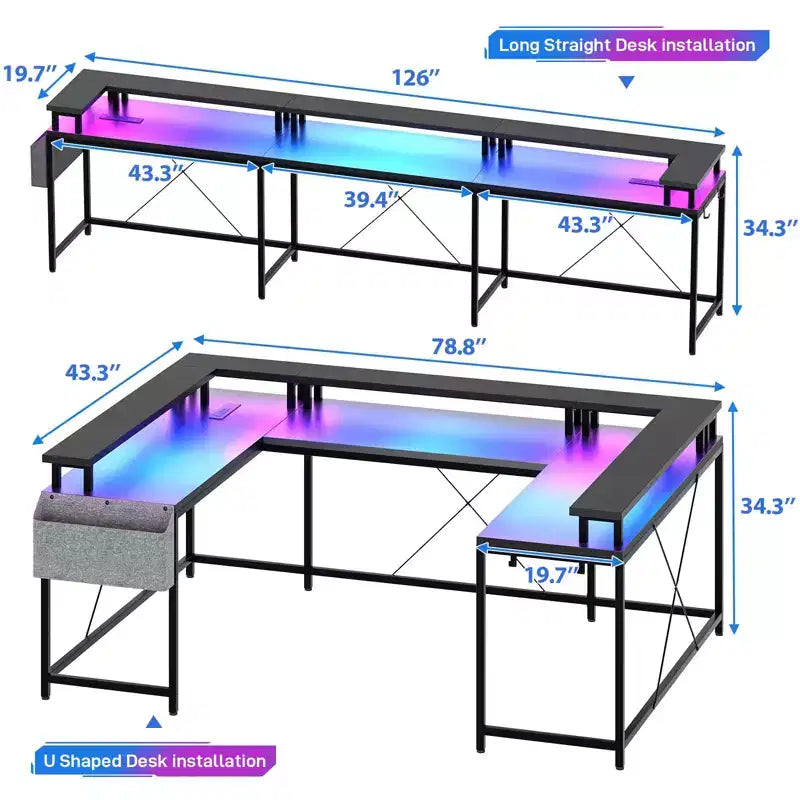 Scrivania a U, scrivania da gaming da 126 pollici con supporto per monitor e luci a LED, scrivania grande a forma reversibile con prese di corrente, scrivania da ufficio