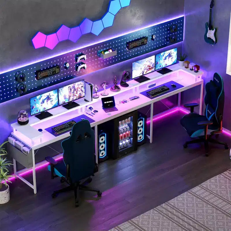 Scrivania a U, scrivania da gaming da 126 pollici con supporto per monitor e luci a LED, scrivania grande a forma reversibile con prese di corrente, scrivania da ufficio