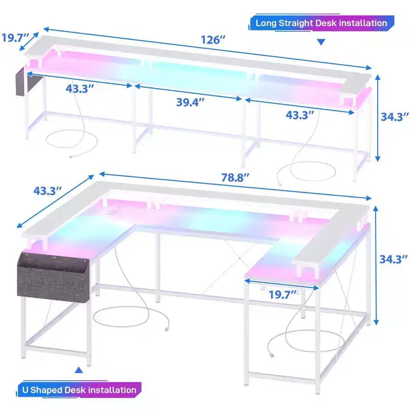Scrivania a U, scrivania da gaming da 126 pollici con supporto per monitor e luci a LED, scrivania grande a forma reversibile con prese di corrente, scrivania da ufficio