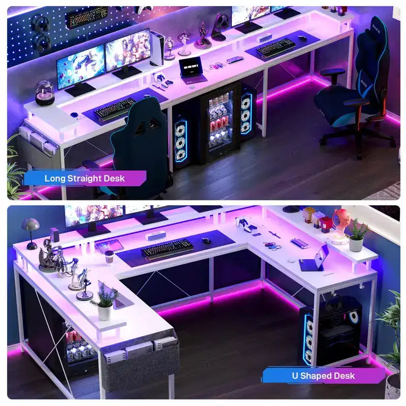 Scrivania a U, scrivania da gaming da 126 pollici con supporto per monitor e luci a LED, scrivania grande a forma reversibile con prese di corrente, scrivania da ufficio