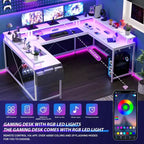 Scrivania a U, scrivania da gaming da 126 pollici con supporto per monitor e luci a LED, scrivania grande a forma reversibile con prese di corrente, scrivania da ufficio