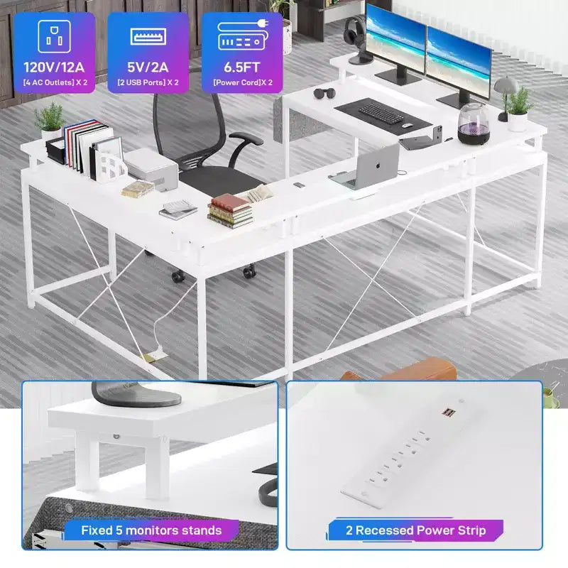 Scrivania a U, scrivania da gaming da 126 pollici con supporto per monitor e luci a LED, scrivania grande a forma reversibile con prese di corrente, scrivania da ufficio
