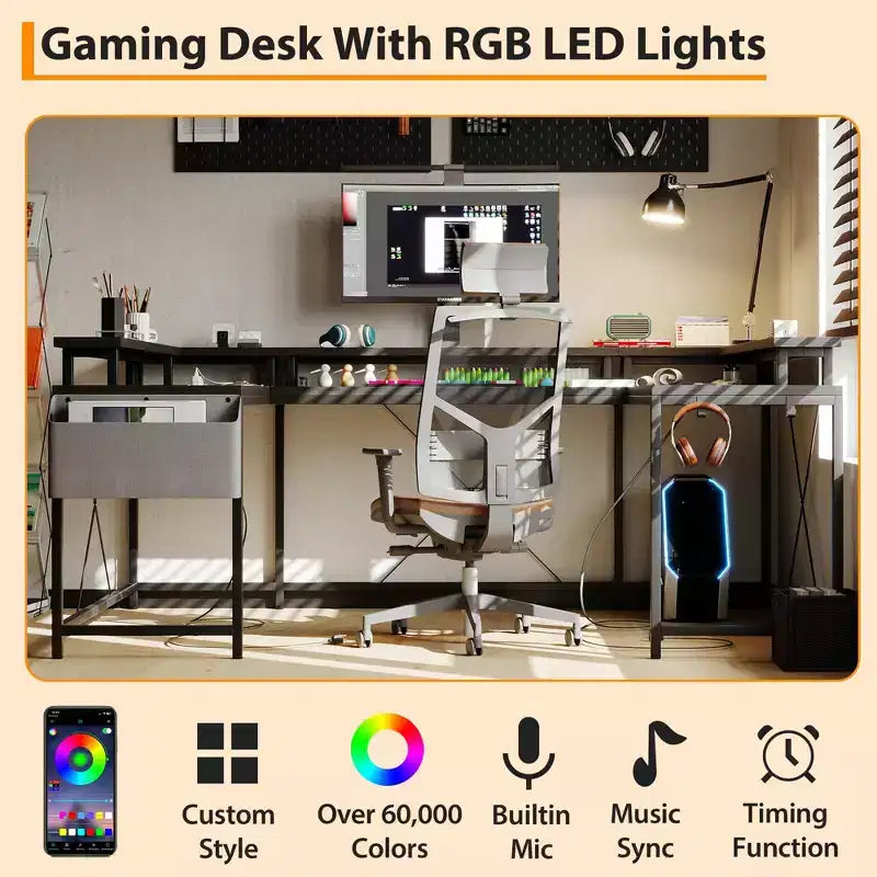 Scrivania a U, scrivania da gaming da 126 pollici con supporto per monitor e luci a LED, scrivania grande a forma reversibile con prese di corrente, scrivania da ufficio
