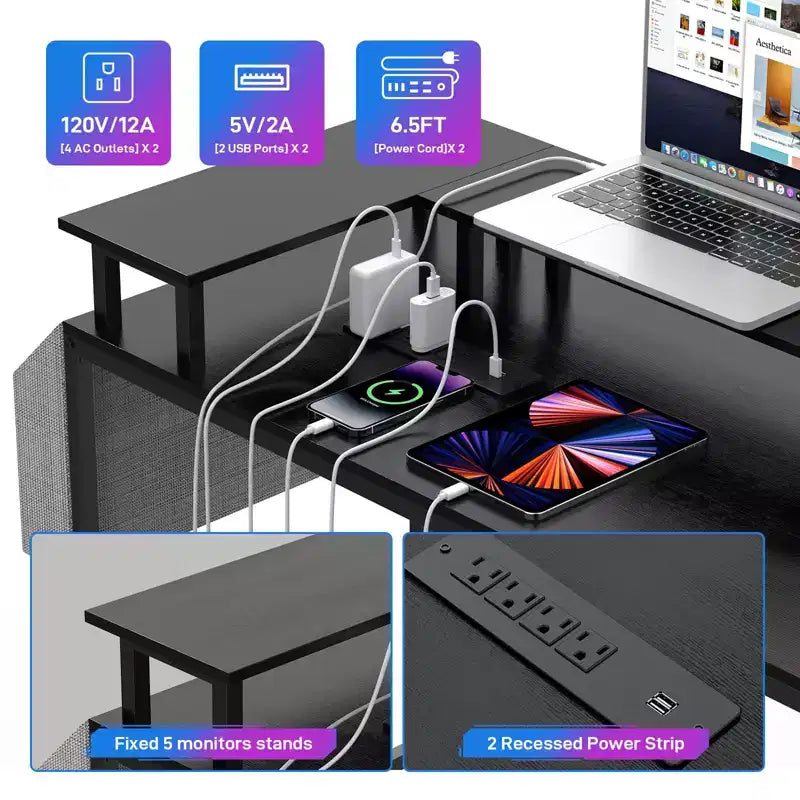 Scrivania a U, scrivania da gaming da 126 pollici con supporto per monitor e luci a LED, scrivania grande a forma reversibile con prese di corrente, scrivania da ufficio