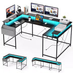 U Shaped Desk, 126 Inch Gaming Desk with Monitor Stand and LED Lights, Reversible Shaped Large Computer Desk with Power Outlets, Office Desk