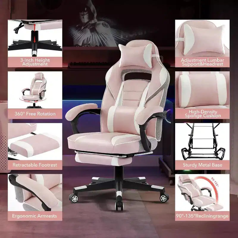 Sedia da gaming girevole a 360°, regolabile in altezza, con poggiapiedi estraibile e supporto lombare ergonomico, in pelle PU, per computer e ufficio, con poggiatesta