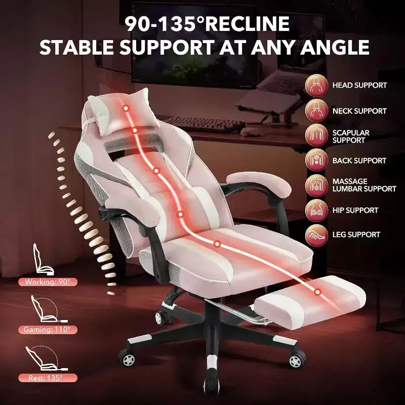 Sedia da gaming girevole a 360°, regolabile in altezza, con poggiapiedi estraibile e supporto lombare ergonomico, in pelle PU, per computer e ufficio, con poggiatesta