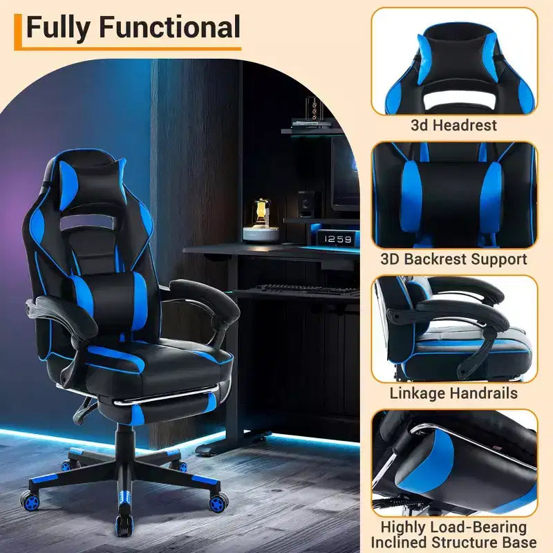 Sedia da gaming girevole a 360°, regolabile in altezza, con poggiapiedi estraibile e supporto lombare ergonomico, in pelle PU, per computer e ufficio, con poggiatesta