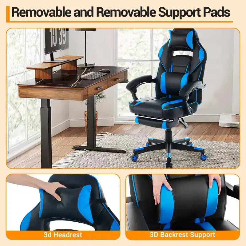 Sedia da gaming girevole a 360°, regolabile in altezza, con poggiapiedi estraibile e supporto lombare ergonomico, in pelle PU, per computer e ufficio, con poggiatesta