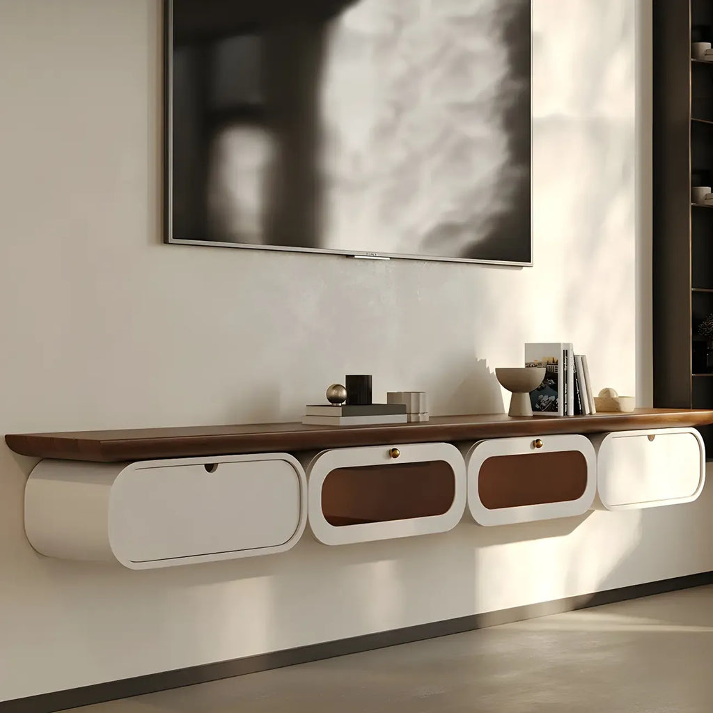 Meuble TV suspendu moderne en bois marron avec tiroirs de rangement