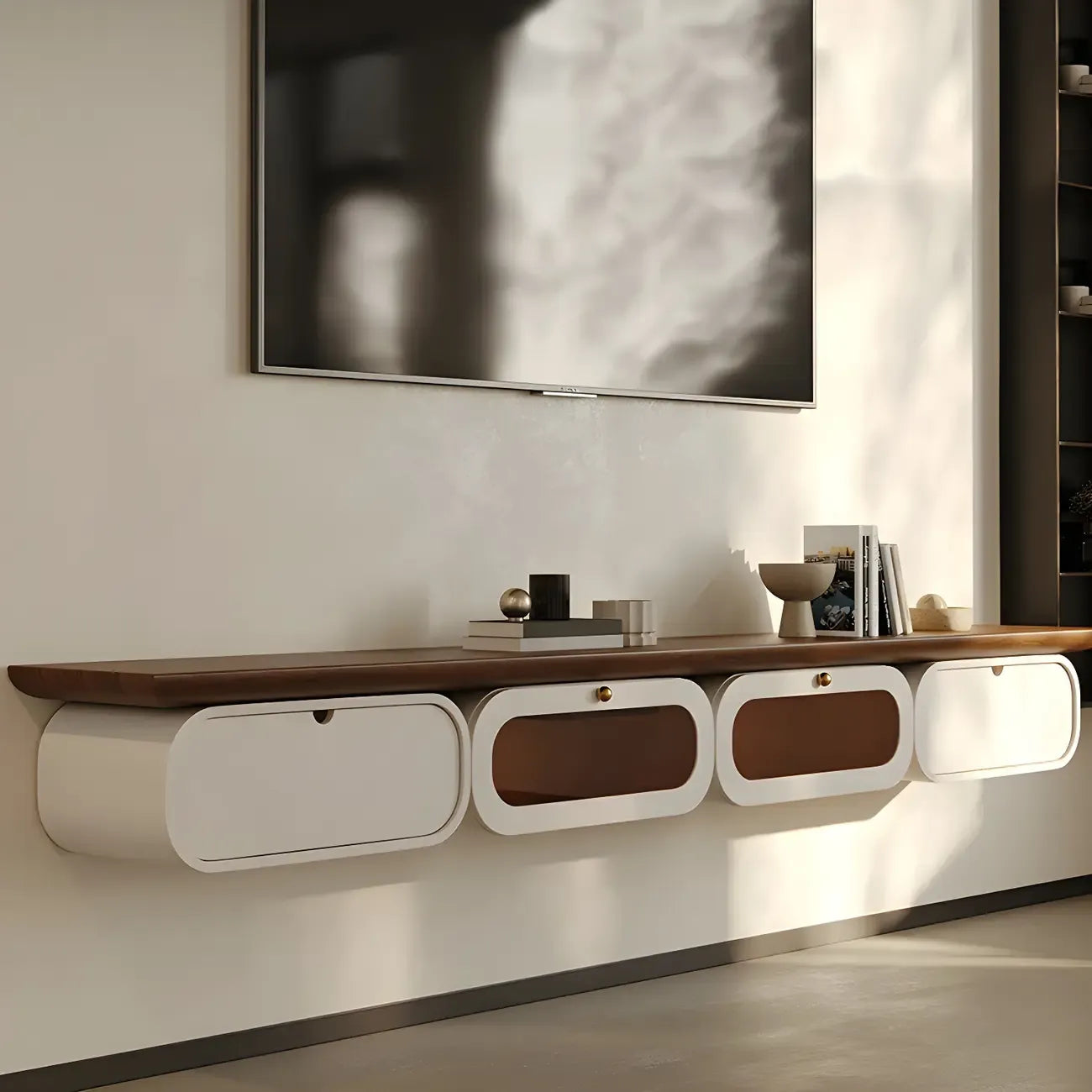 Meuble TV suspendu moderne en bois marron avec tiroirs de rangement