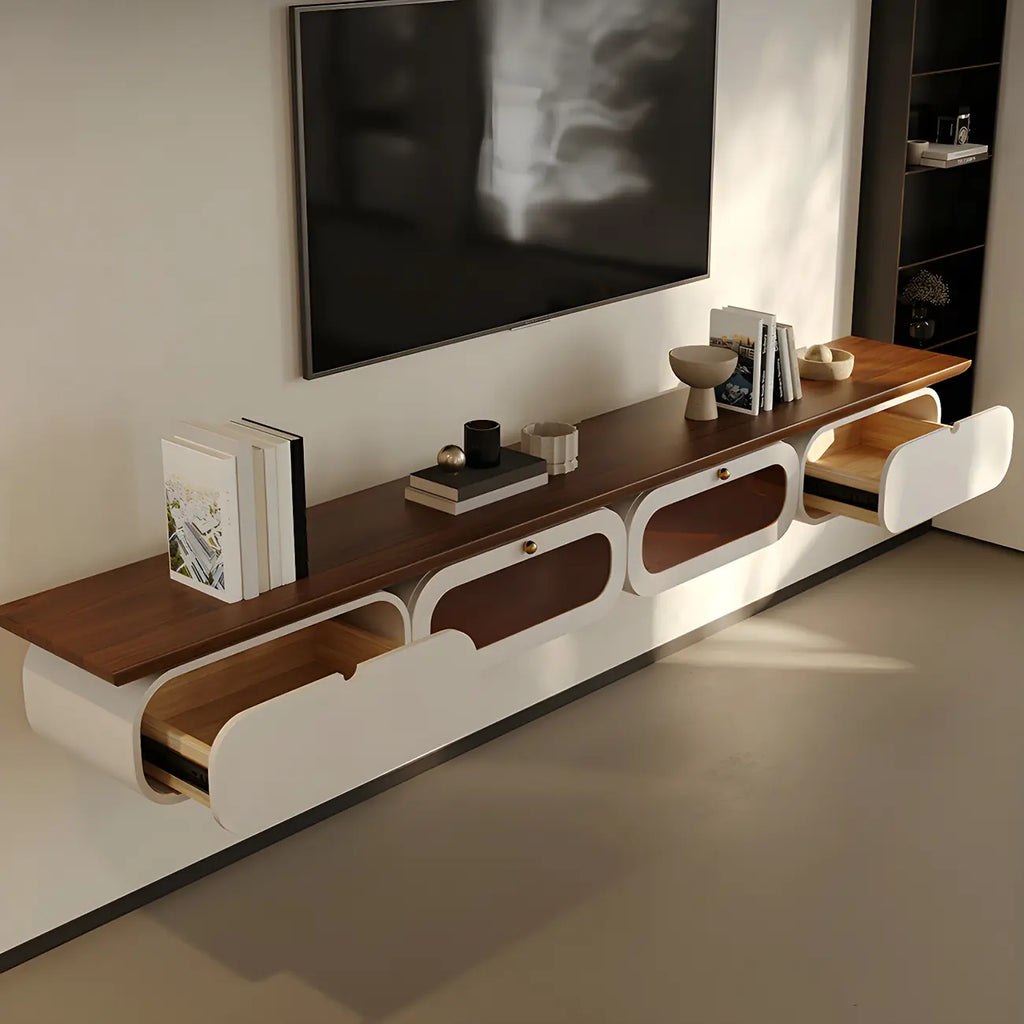 Meuble TV suspendu moderne en bois marron avec tiroirs de rangement