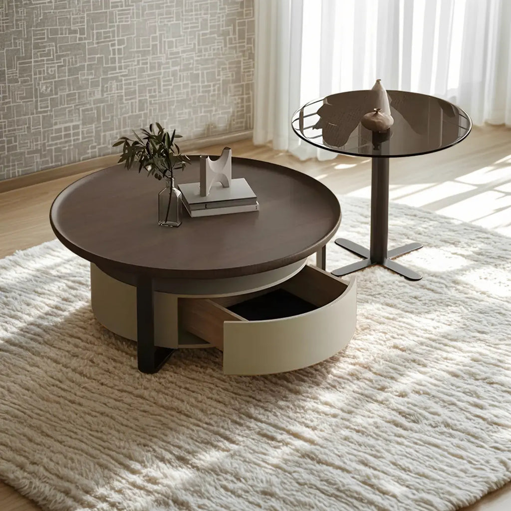 Table basse ronde moderne en bois brun et verre avec rangement