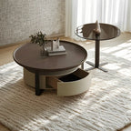 Table basse ronde moderne en bois brun et verre avec rangement