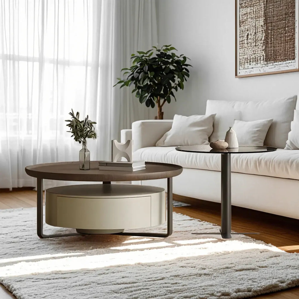 Table basse ronde moderne en bois brun et verre avec rangement
