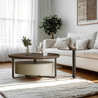 Table basse ronde moderne en bois brun et verre avec rangement