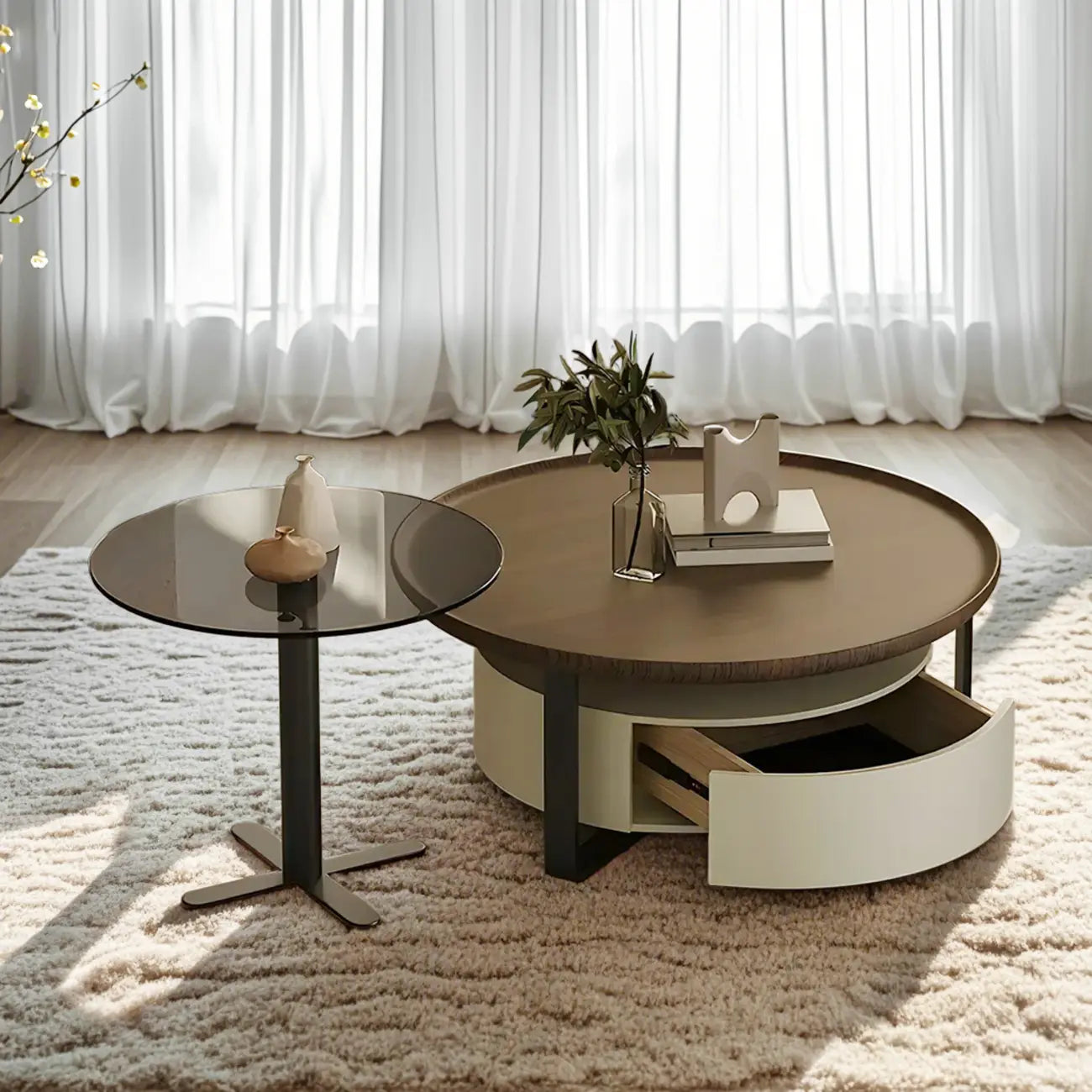Table basse ronde moderne en bois brun et verre avec rangement