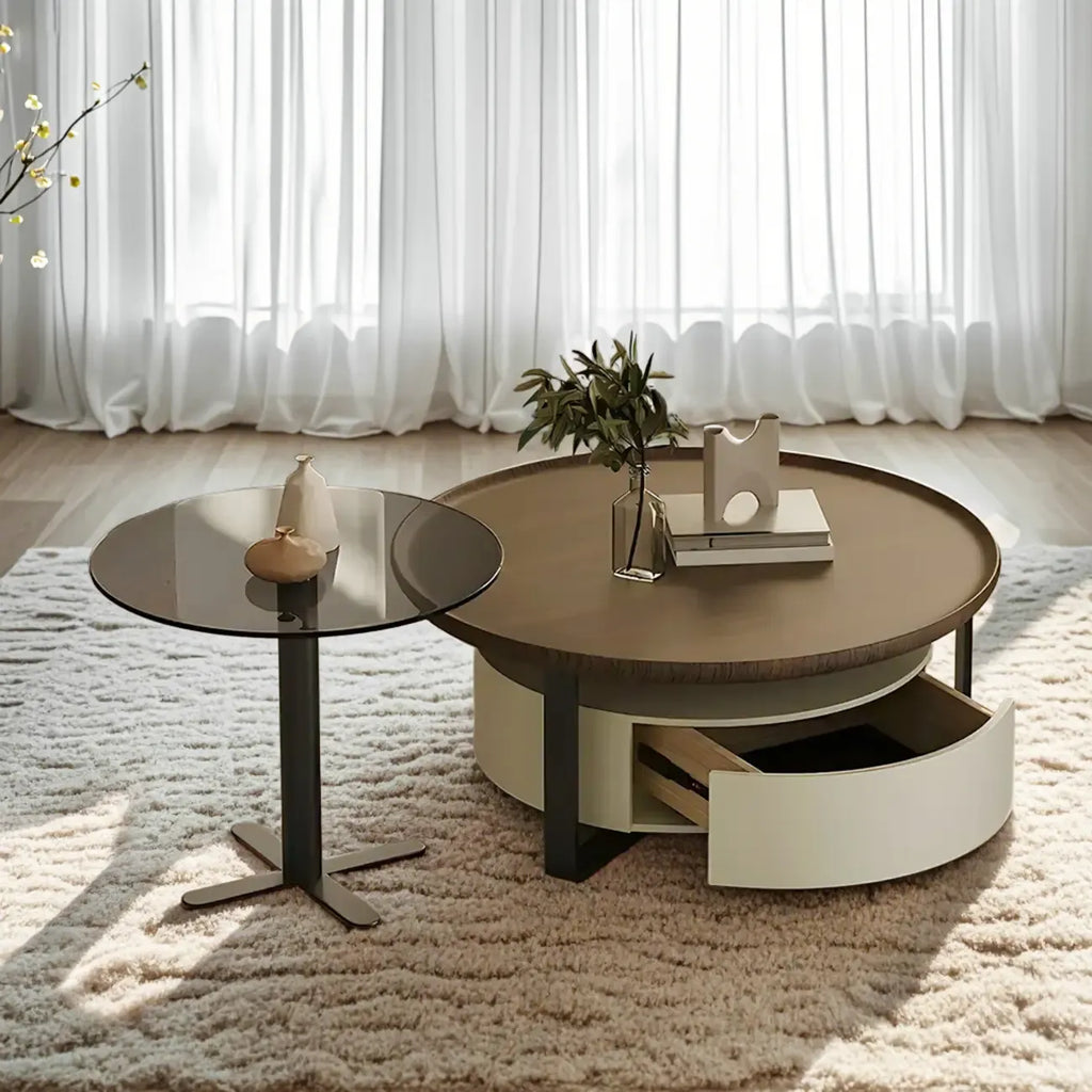 Table basse ronde moderne en bois brun et verre avec rangement