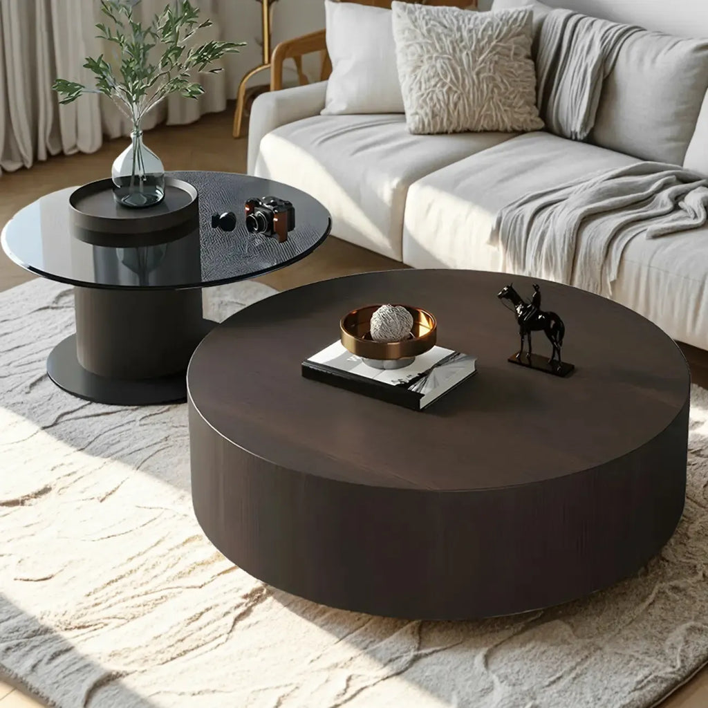 Table basse ronde gigogne en bois foncé de style moderne