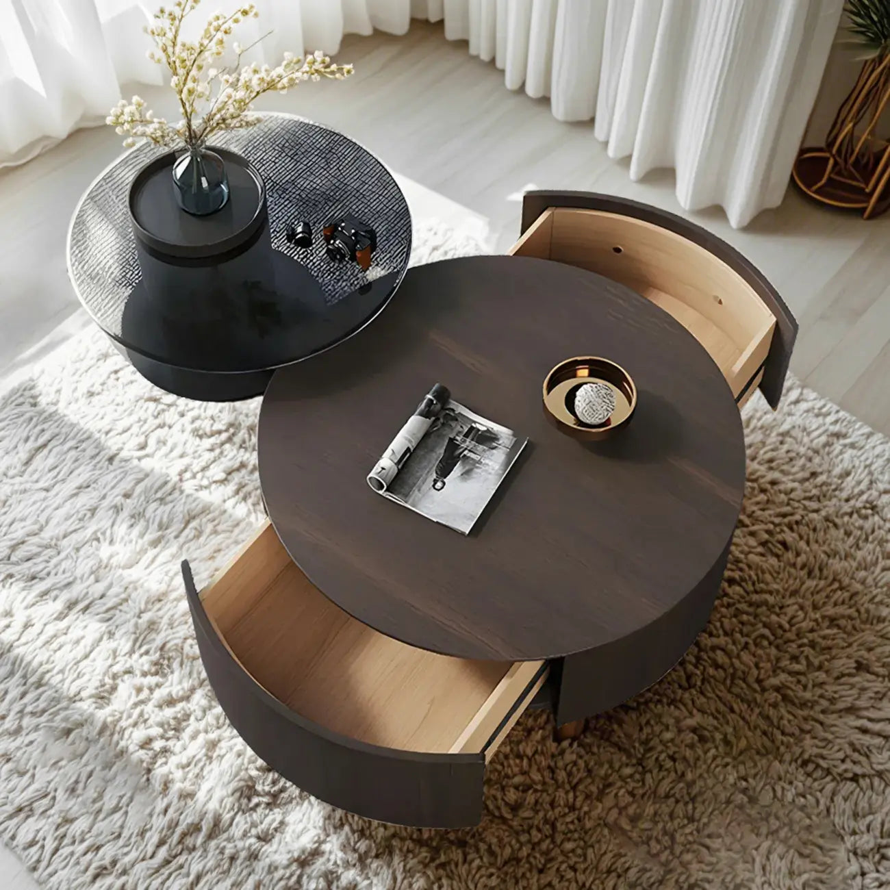 Table basse ronde gigogne en bois foncé de style moderne