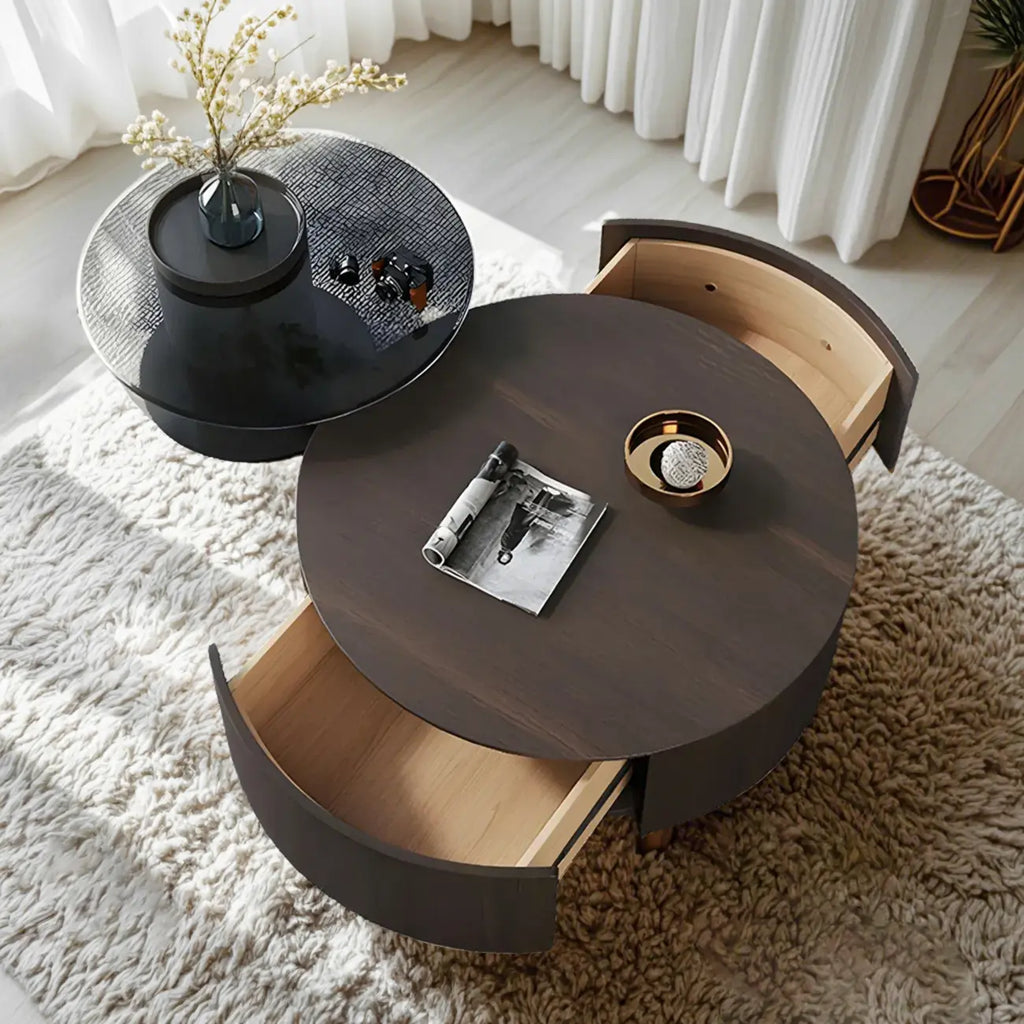 Table basse ronde gigogne en bois foncé de style moderne