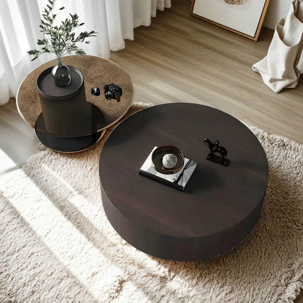 Table basse ronde gigogne en bois foncé de style moderne