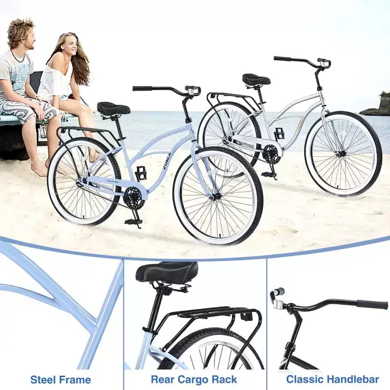 NAYSAYE Vélo de plage cruiser 26 pouces, 7 vitesses, freins en V, selle confortable, vélo de ville rétro classique pour femme, homme, senior