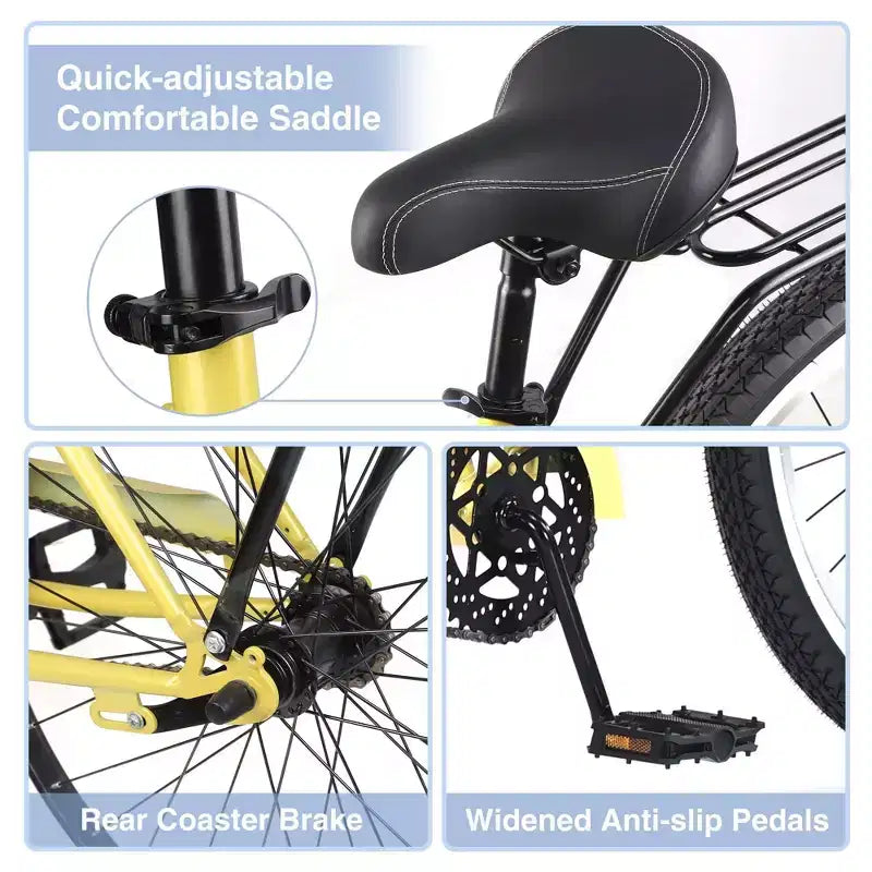 NAYSAYE Vélo de plage cruiser 26 pouces, 7 vitesses, freins en V, selle confortable, vélo de ville rétro classique pour femme, homme, senior