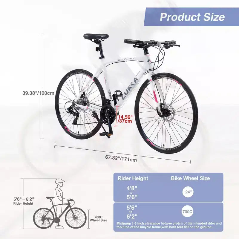 Vélo hybride NAYSAYE 24 vitesses, freins à disque, cadre en aluminium, pour hommes et femmes, pour le cyclisme urbain, blanc, 67.32*14.56*39.37