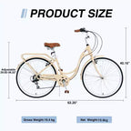 NAYSAYE Bicicletta da donna 7 velocità con telaio in acciaio da 24 pollici per pendolarismo e tempo libero, per giri urbani, beige, 62,2*23,62*40,16