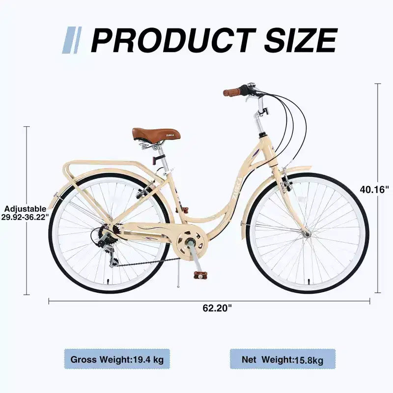 NAYSAYE Bicicletta da donna 7 velocità con telaio in acciaio da 24 pollici per pendolarismo e tempo libero, per giri urbani, beige, 62,2*23,62*40,16