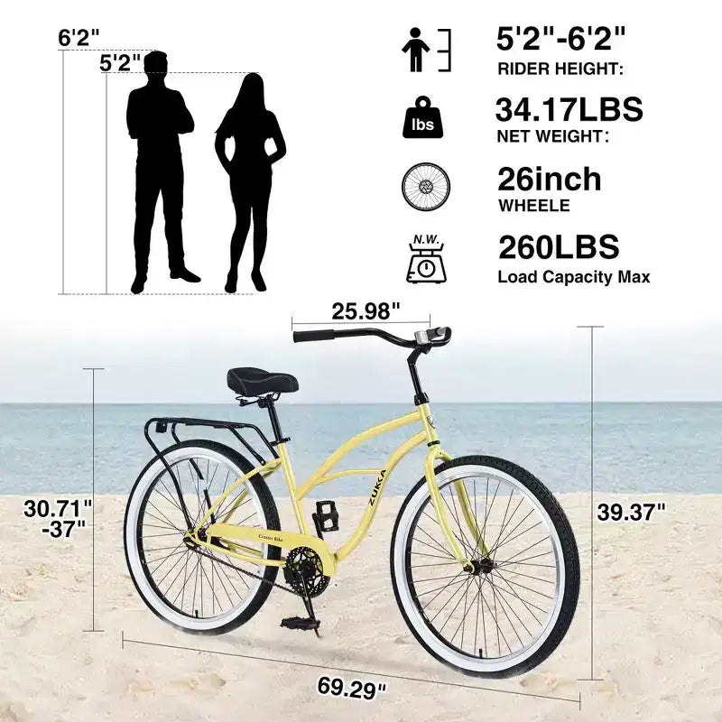 NAYSAYE Bicicletta Single Speed 26 Pollici Beach Cruiser Bici con Telaio in Acciaio per Donna per Passeggiate Rilassate, Giallo, 69.29*25.98*39.37