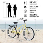 NAYSAYE Bicicletta Single Speed 26 Pollici Beach Cruiser Bici con Telaio in Acciaio per Donna per Passeggiate Rilassate, Giallo, 69.29*25.98*39.37