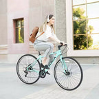 NAYSAYE Bicicletta Ibrida a 7 Velocità con Telaio in Alluminio e Doppio Freno a Disco per Avventure Urbane, Verde, 64.57*25.19*37.79