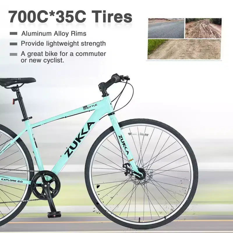NAYSAYE Bicicletta Ibrida a 7 Velocità con Telaio in Alluminio e Doppio Freno a Disco per Avventure Urbane, Verde, 64.57*25.19*37.79