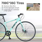 NAYSAYE Bicicletta Ibrida a 7 Velocità con Telaio in Alluminio e Doppio Freno a Disco per Avventure Urbane, Verde, 64.57*25.19*37.79