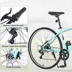 NAYSAYE Bicicletta Ibrida a 7 Velocità con Telaio in Alluminio e Doppio Freno a Disco per Avventure Urbane, Verde, 64.57*25.19*37.79