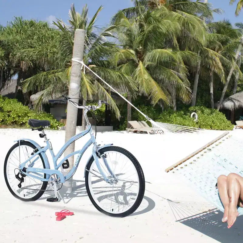 NAYSAYE Vélo 7 vitesses 26 pouces Beach Cruiser Cadre en acier pour femme pour des trajets confortables, Bleu clair, 69.96*28.32*43.2
