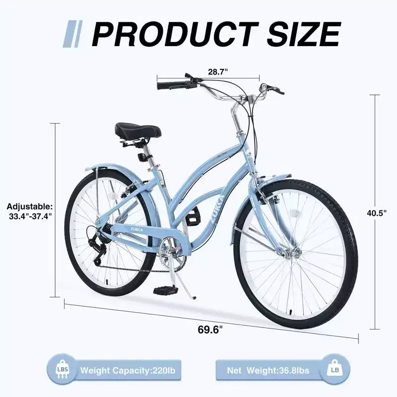 NAYSAYE Vélo 7 vitesses 26 pouces Beach Cruiser Cadre en acier pour femme pour des trajets confortables, Bleu clair, 69.96*28.32*43.2