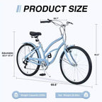NAYSAYE Vélo 7 vitesses 26 pouces Beach Cruiser Cadre en acier pour femme pour des trajets confortables, Bleu clair, 69.96*28.32*43.2