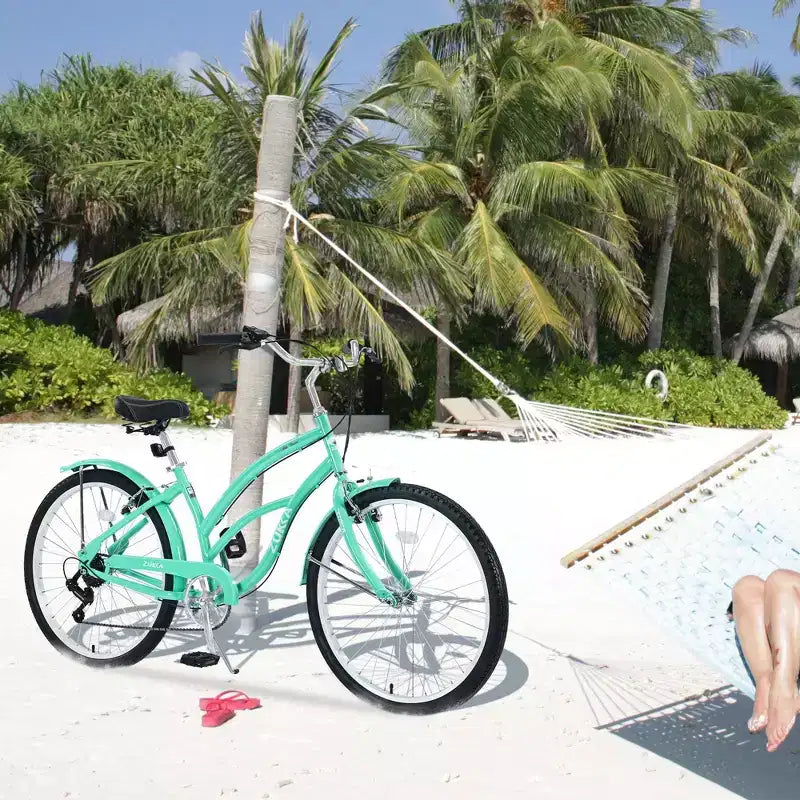 NAYSAYE Bicicletta da Spiaggia da 26 Pollici per Adulti, Bici da Pendolare a 7 velocità con Telaio in Acciaio per Donne per Corse Confortevoli, Verde Menta, 69.6*28.5*40.5