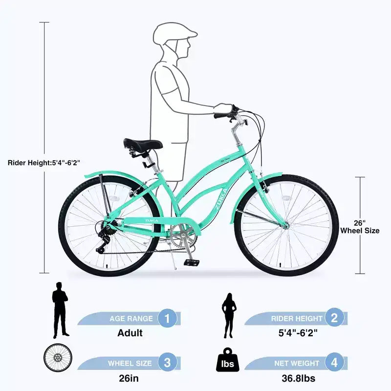 NAYSAYE Bicicletta da Spiaggia da 26 Pollici per Adulti, Bici da Pendolare a 7 velocità con Telaio in Acciaio per Donne per Corse Confortevoli, Verde Menta, 69.6*28.5*40.5