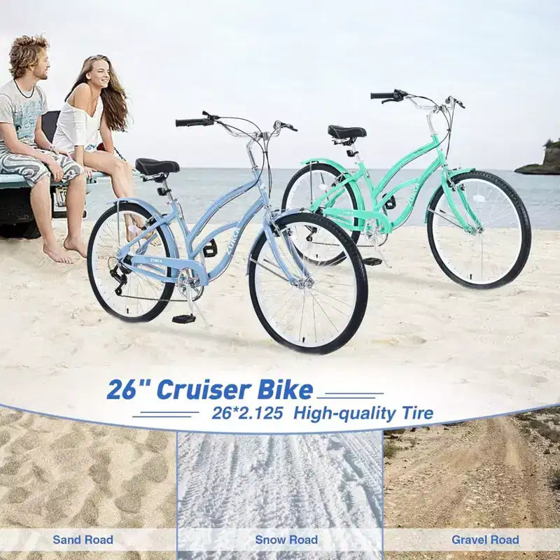 NAYSAYE Bicicletta da Spiaggia da 26 Pollici per Adulti, Bici da Pendolare a 7 velocità con Telaio in Acciaio per Donne per Corse Confortevoli, Verde Menta, 69.6*28.5*40.5