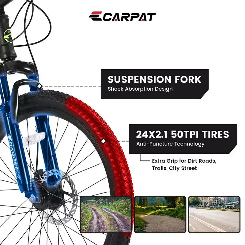NAYSAYE Vélo VTT 24 Pouces, 21 Vitesses, Cadre en Acier pour Garçons et Filles pour Sentiers Hors Route, Noir et Vert, 56.3*7.88*28.35