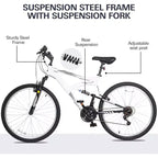 hykolity Vélo Tout Terrain VTT 26 pouces Vélo d'extérieur Cyclisme 18 Vitesses Vélos de Sport Piste Hors Route Suspension Intégrale pour Homme Adulte Unisexe Blanc