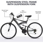 hykolity VTT 26 pouces Vélo de sport 18 vitesses VTT Cyclisme pour Adultes Hommes Femmes 14 ans et plus Vélos de sport extérieur Noir Vélo à double suspension intégrale