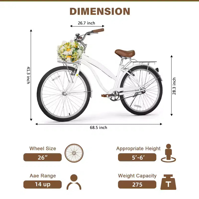hykolity Vélo de plage 26 pouces, vélo de ville, vélo de navette pour femme adulte de 152 à 183 cm, panier avant, porte-bagages arrière, blanc pâle